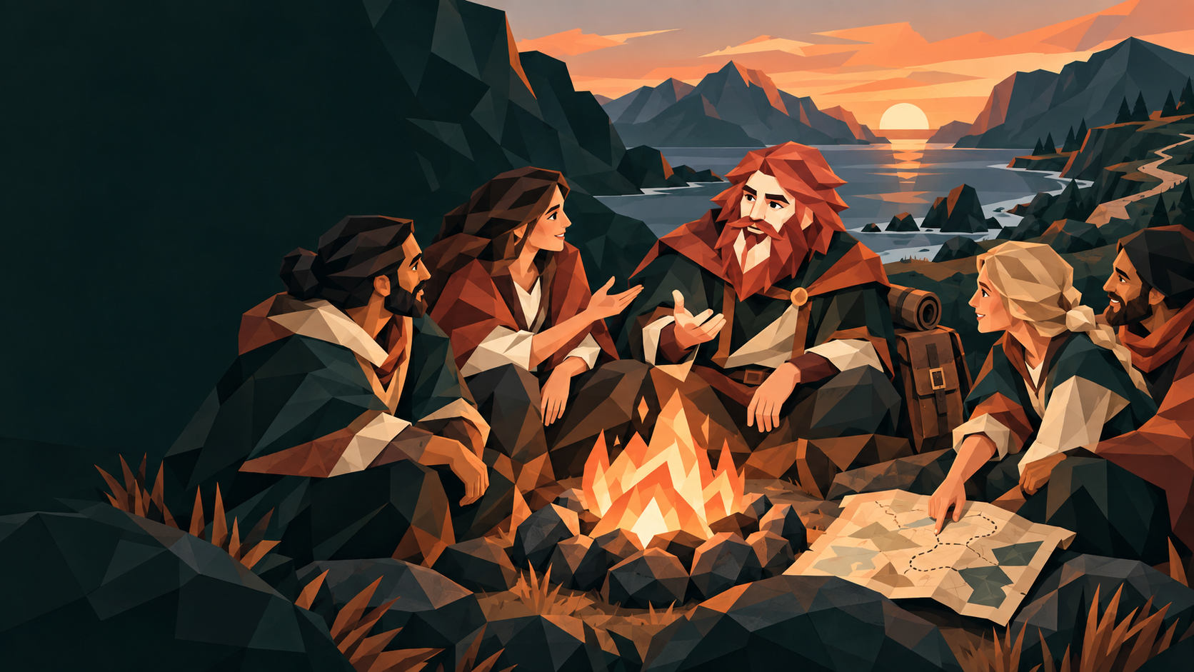 A traveling skald and four companions exchange stories and trace a shared map around a fire.